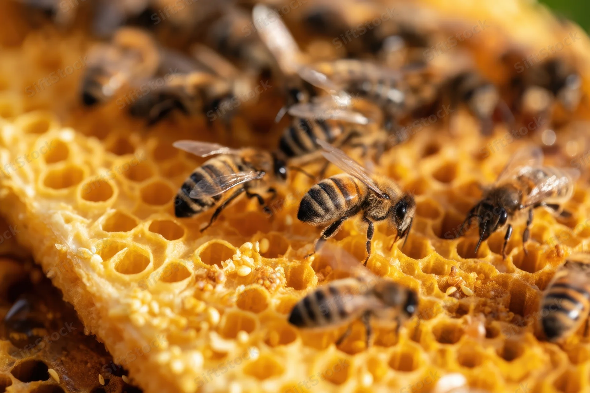 Honeybees crawling on honeycomb structure in a hive