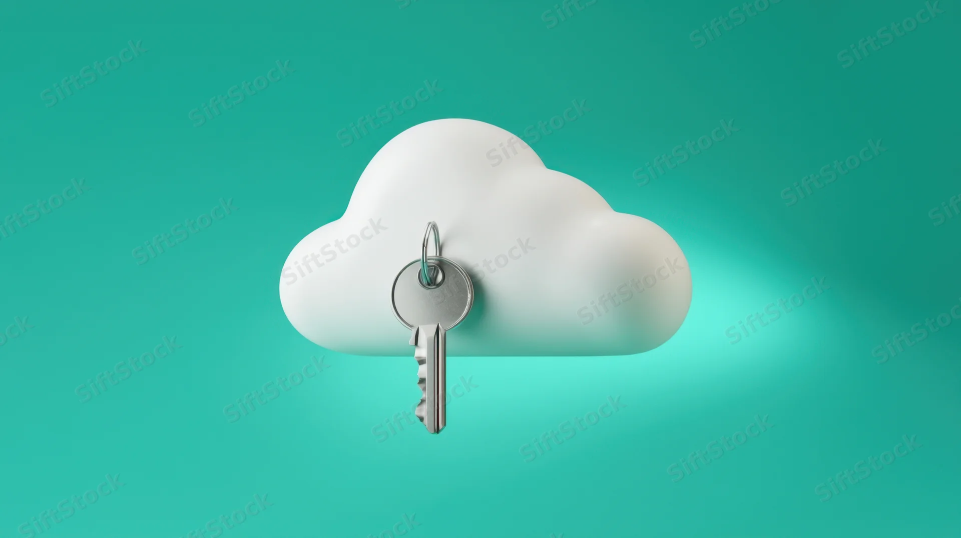 A white cloud with a silver key inserted into it against a teal background