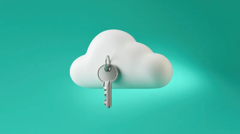 A white cloud with a silver key inserted into it against a teal background