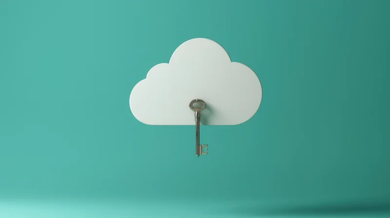 White cloud with a key inserted into it against a teal background