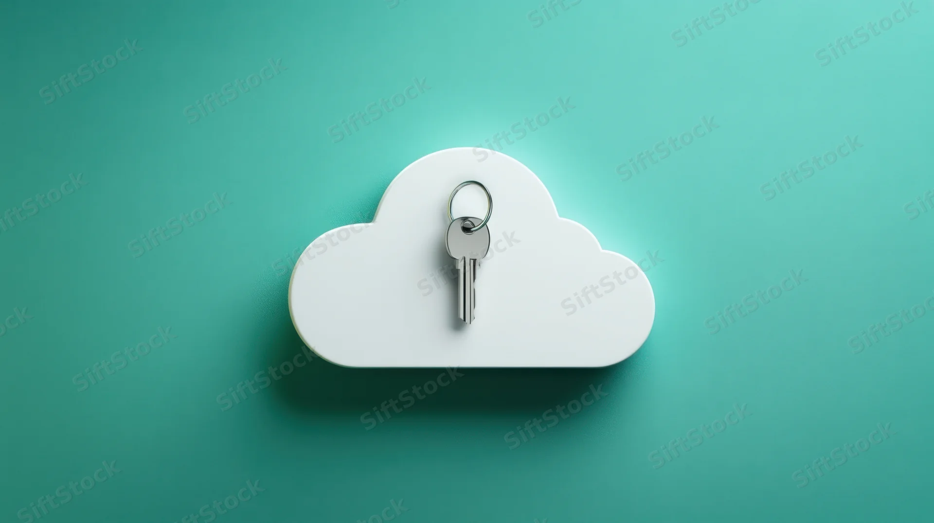 White cloud-shaped object with a metallic key on a teal background