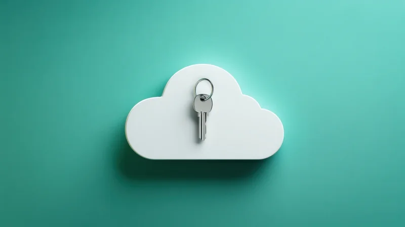 White cloud-shaped object with a metallic key on a teal background