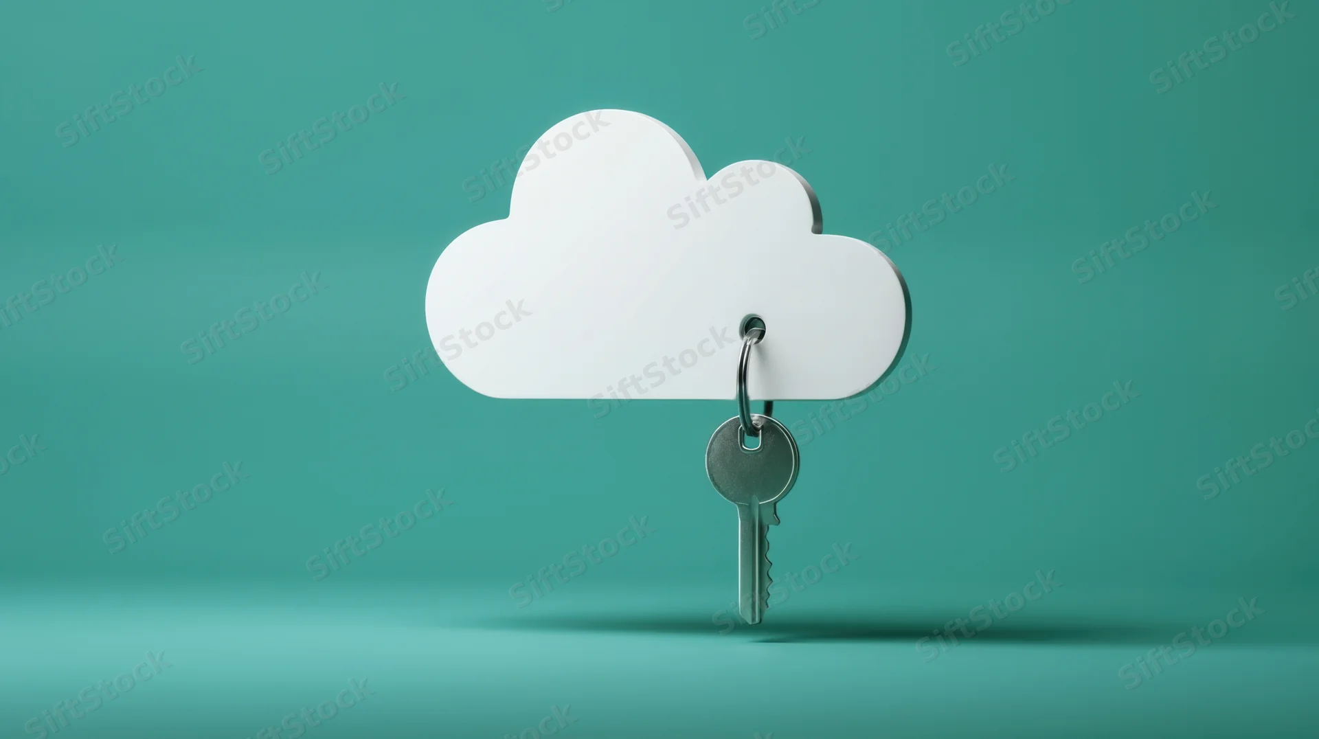 White cloud-shaped keychain with a metal key attached, set against a teal background