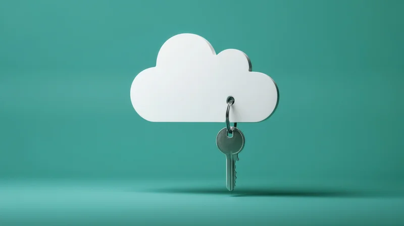 White cloud-shaped keychain with a metal key attached, set against a teal background