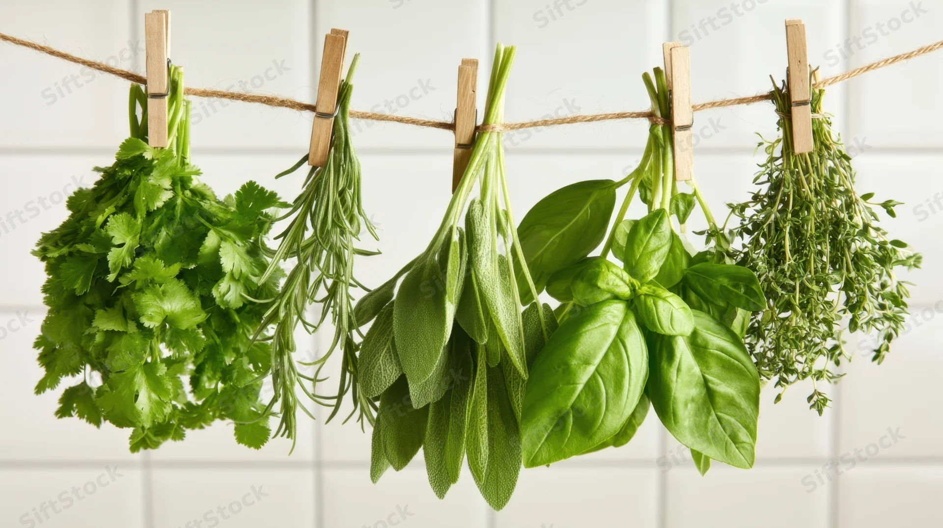 Bunches of fresh herbs hanging on twine with clothespins in a kitchen