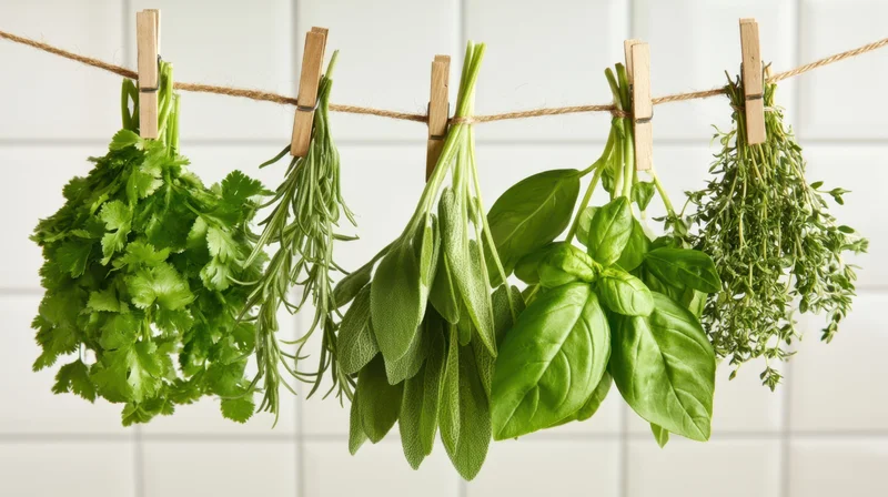 Bunches of fresh herbs hanging on twine with clothespins in a kitchen