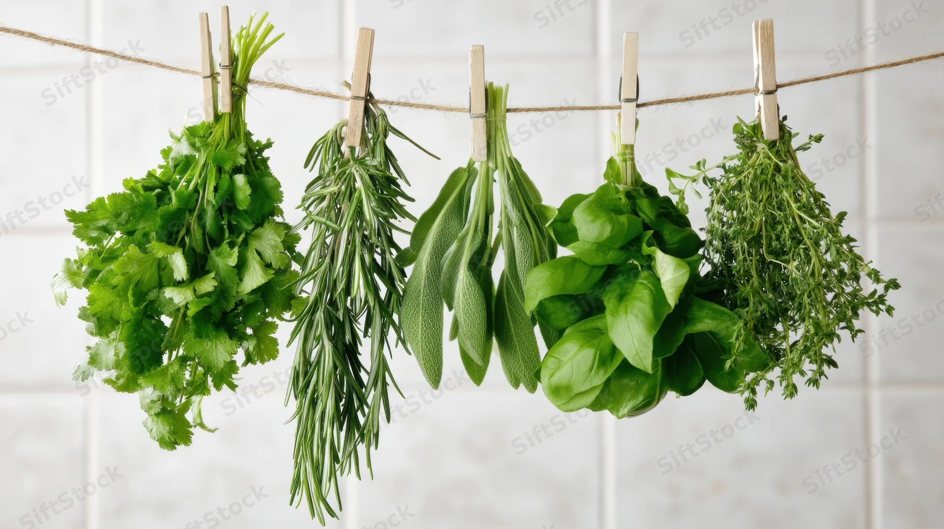 Bunches of fresh herbs hanging on a twine line with clothespins in a kitchen