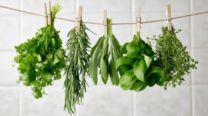 Bunches of fresh herbs hanging on a twine line with clothespins in a kitchen