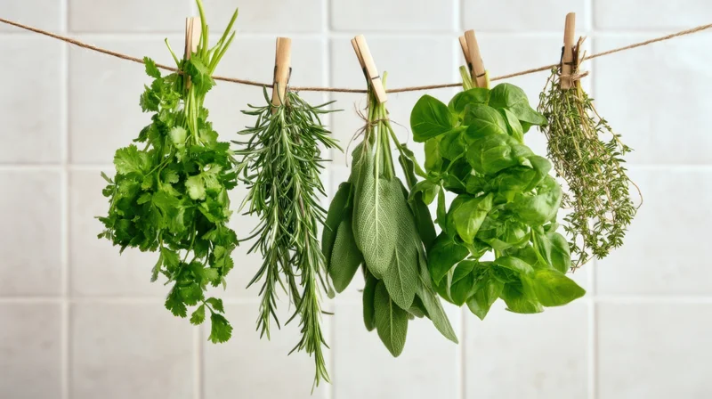 Bunches of fresh herbs hanging to dry on a string in a kitchen