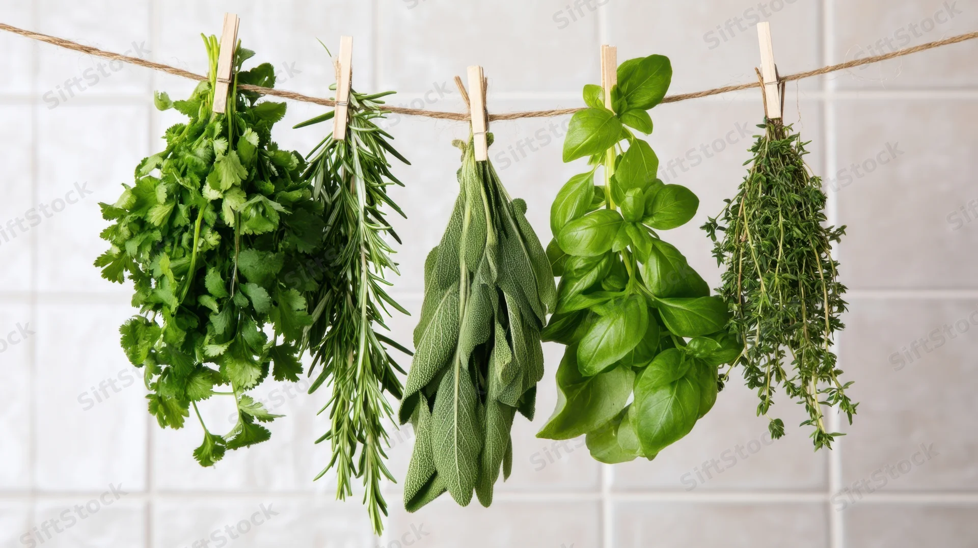 Bunches of fresh herbs hanging on a string in a kitchen