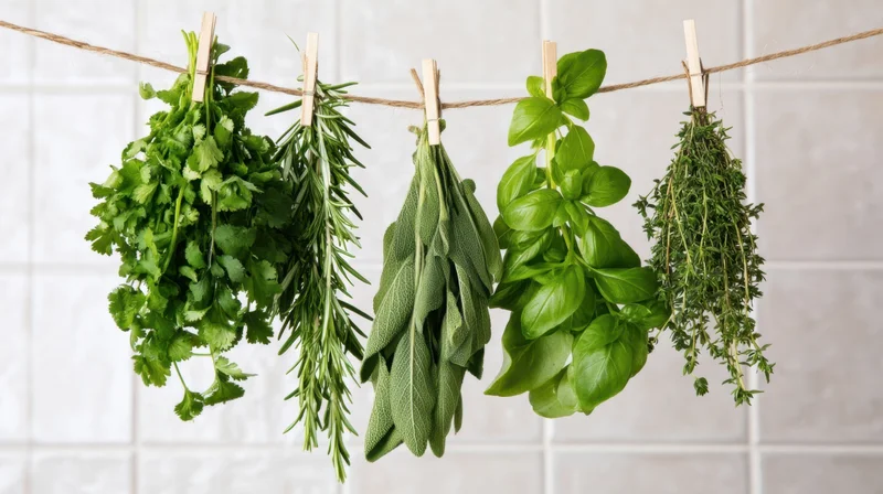 Bunches of fresh herbs hanging on a string in a kitchen