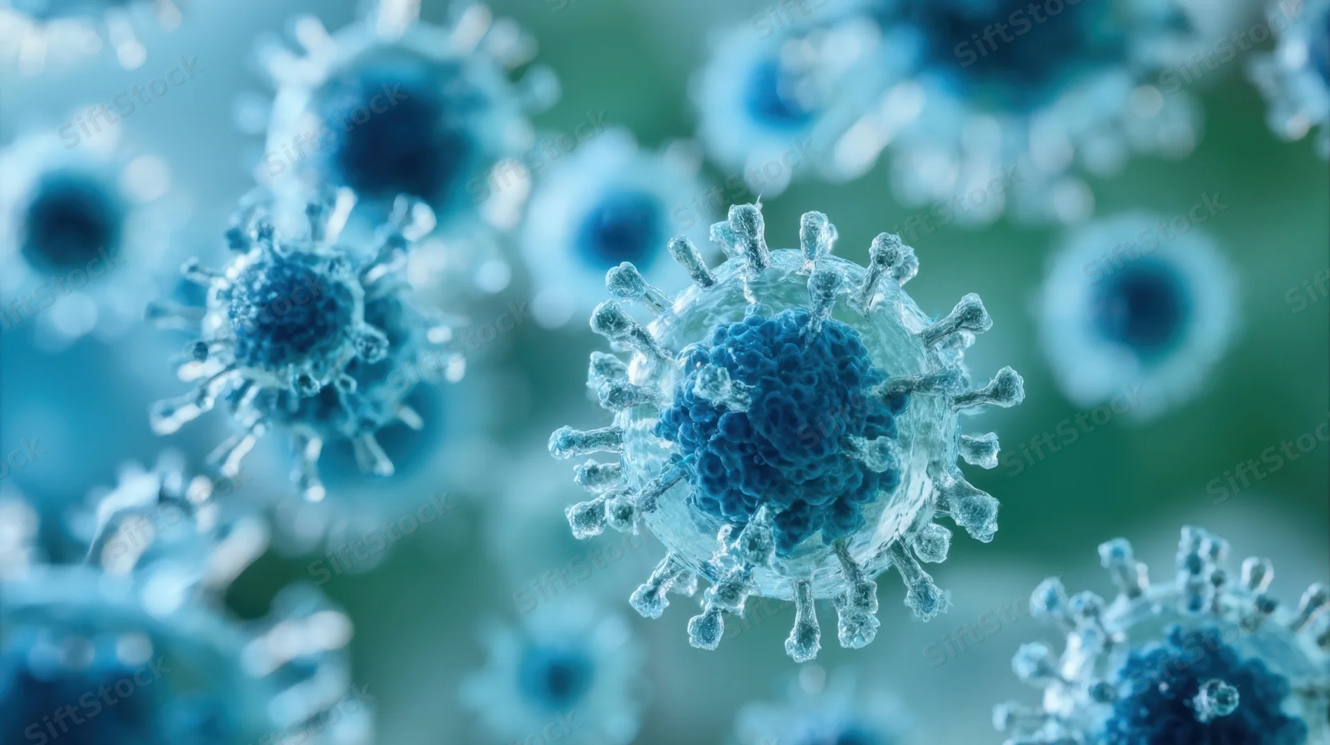 Blue coronavirus particles with spike proteins floating in a teal and green background