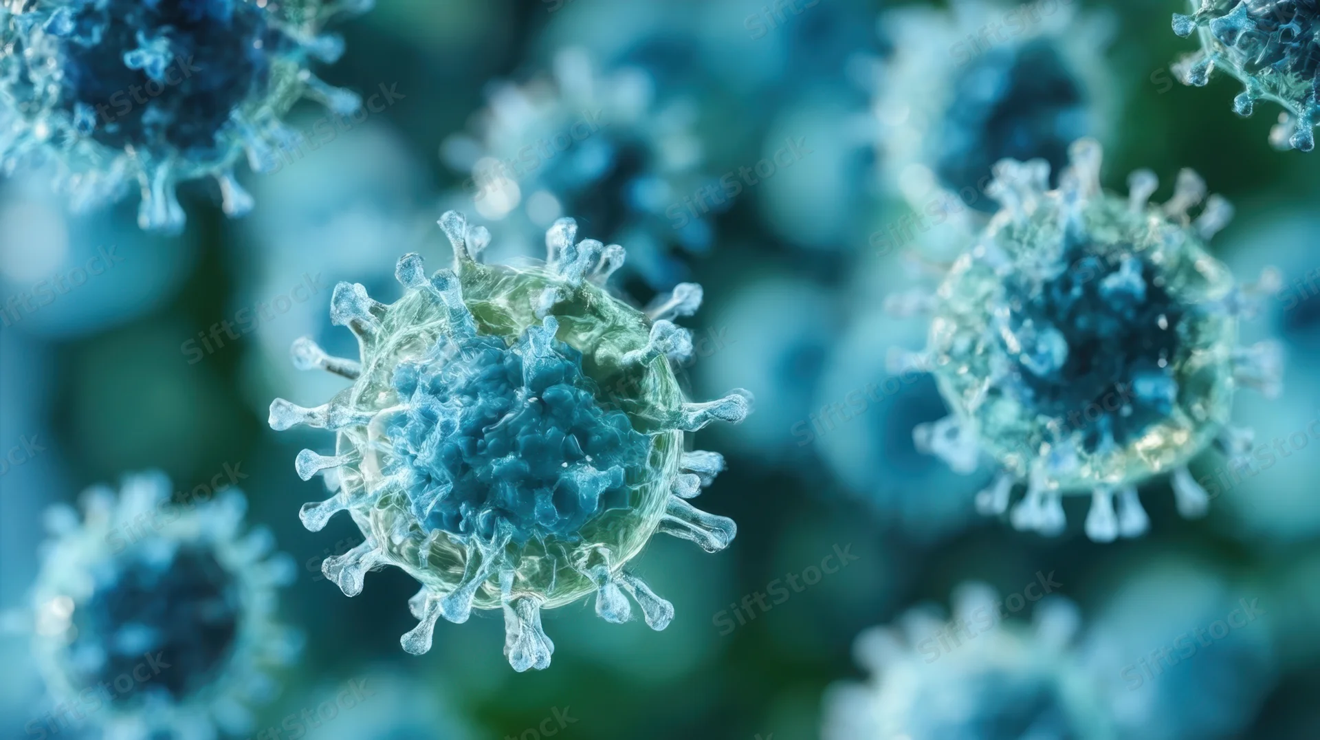 Closeup of coronavirus particles with spike proteins floating in a blue-green background