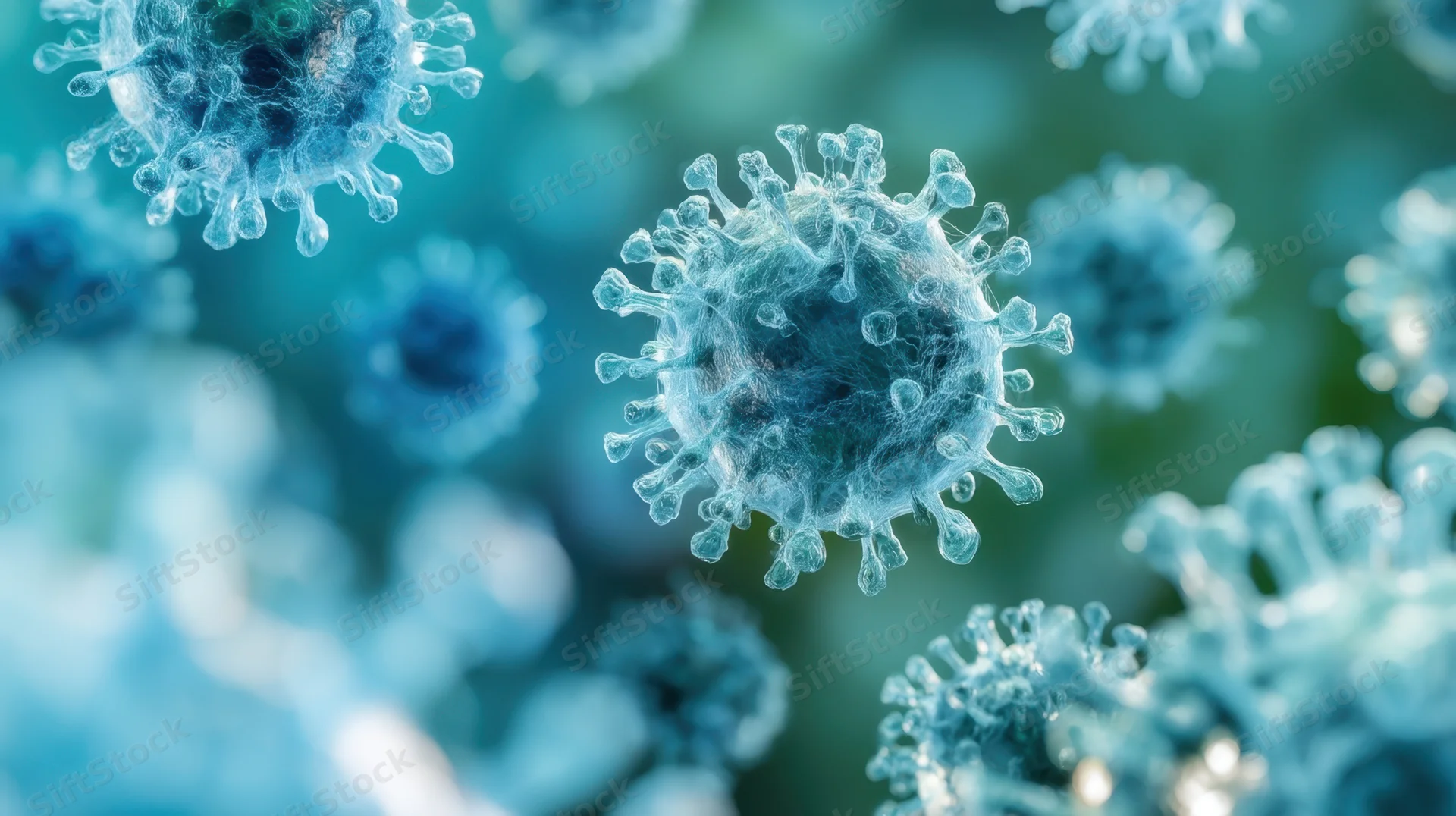 Virus particles with spike proteins floating in a blue digital visualization