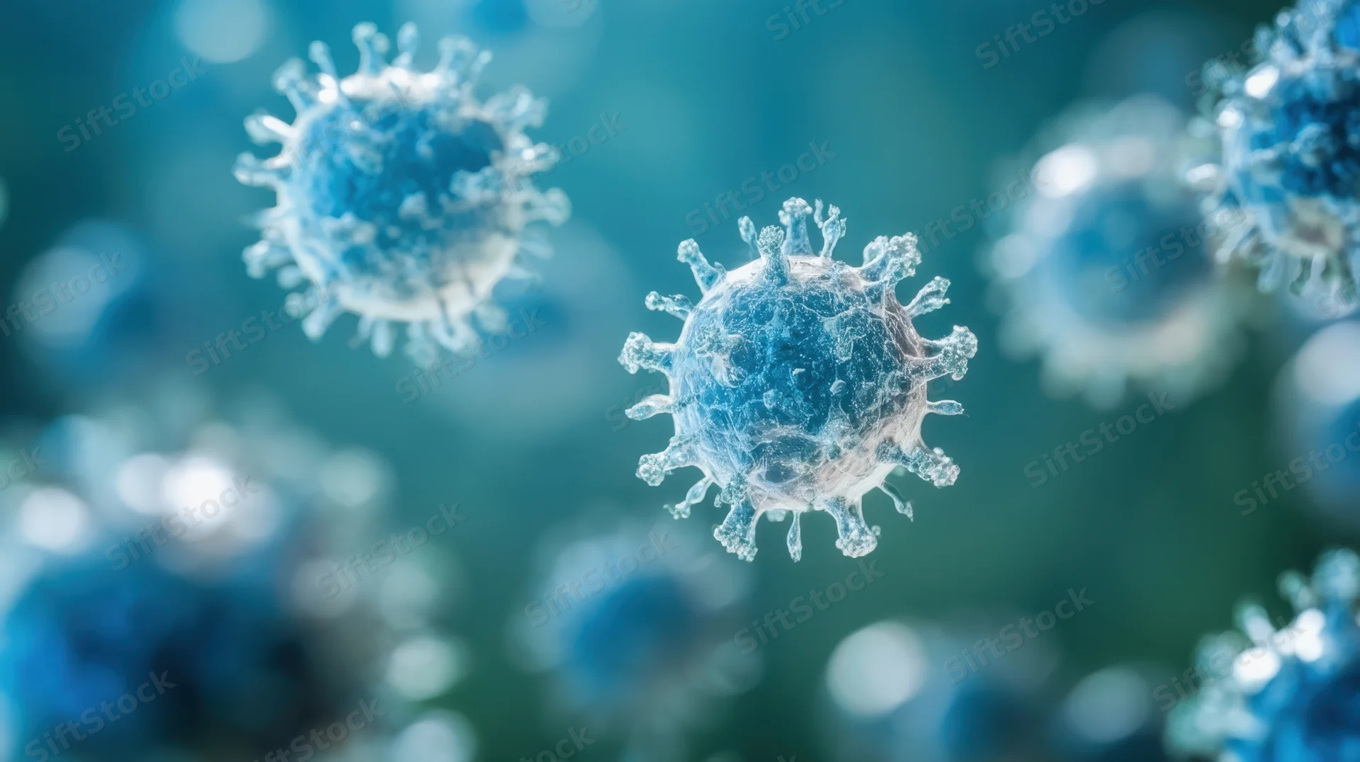 Floating virus particles with spike proteins against a blue gradient background