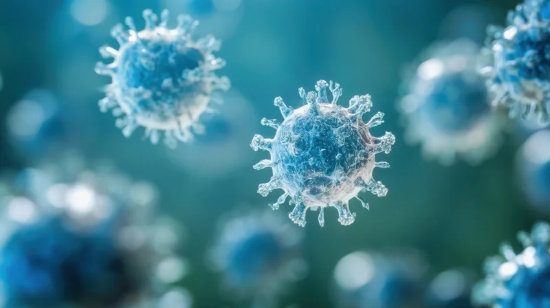 Floating virus particles with spike proteins against a blue gradient background