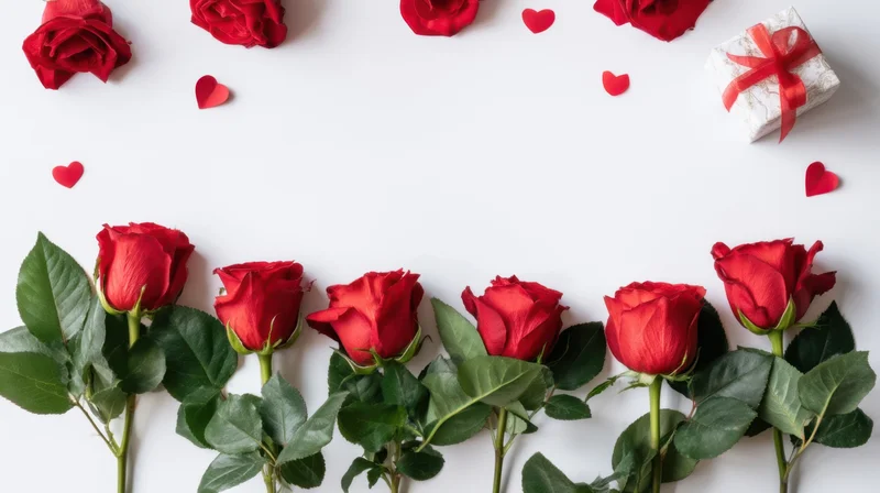Red roses and heart shapes arranged with a gift box on white surface
