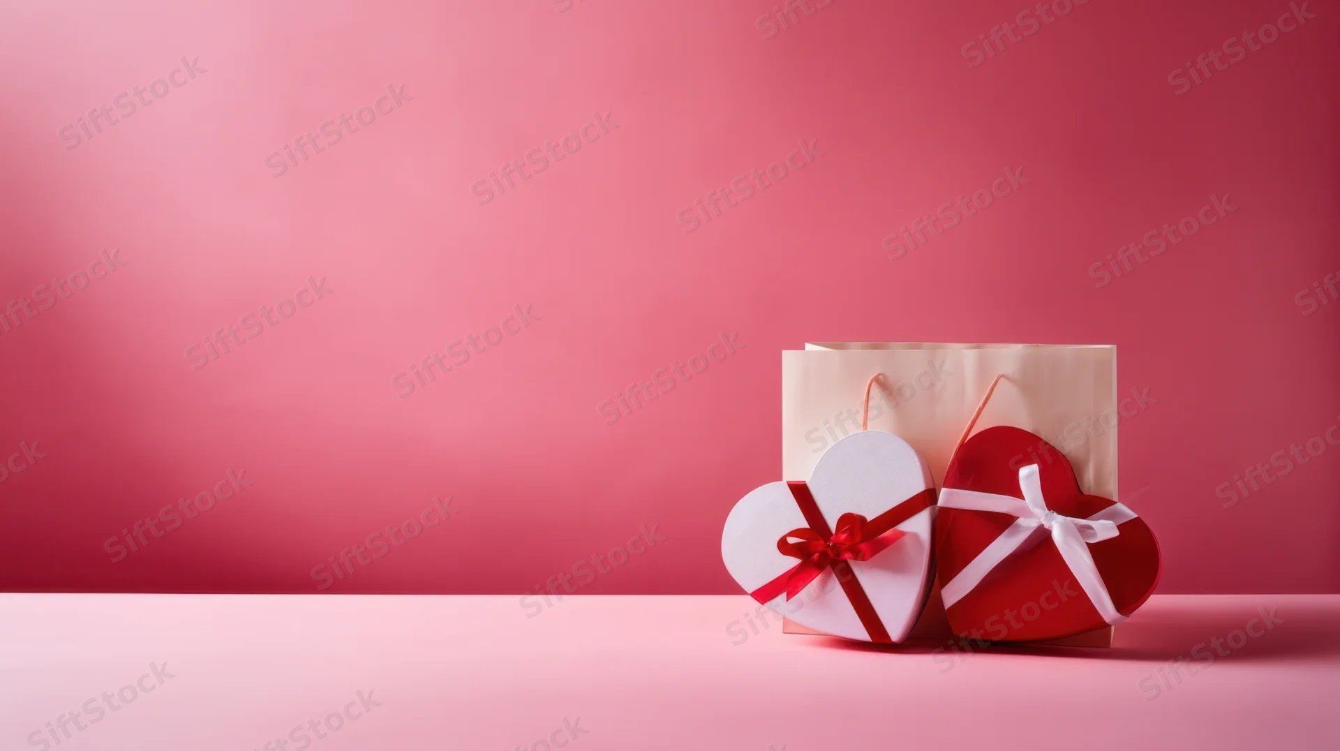 Two heart-shaped gift boxes with ribbons beside a paper bag on a pink surface