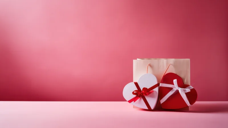 Two heart-shaped gift boxes with ribbons beside a paper bag on a pink surface