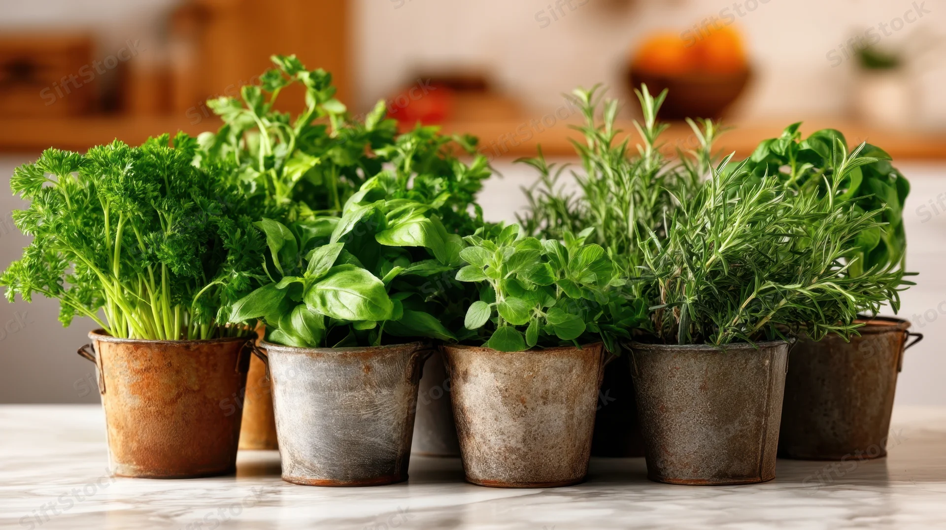 Fresh herbs in rustic metal buckets arranged on a marble kitchen countertop