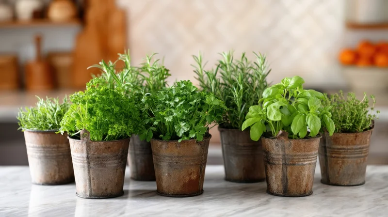 Fresh herbs in rustic metal buckets arranged on a marble kitchen countertop