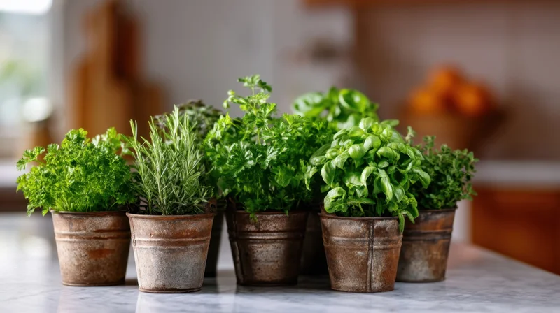 Potted herbs arranged in metal buckets on a marble kitchen countertop