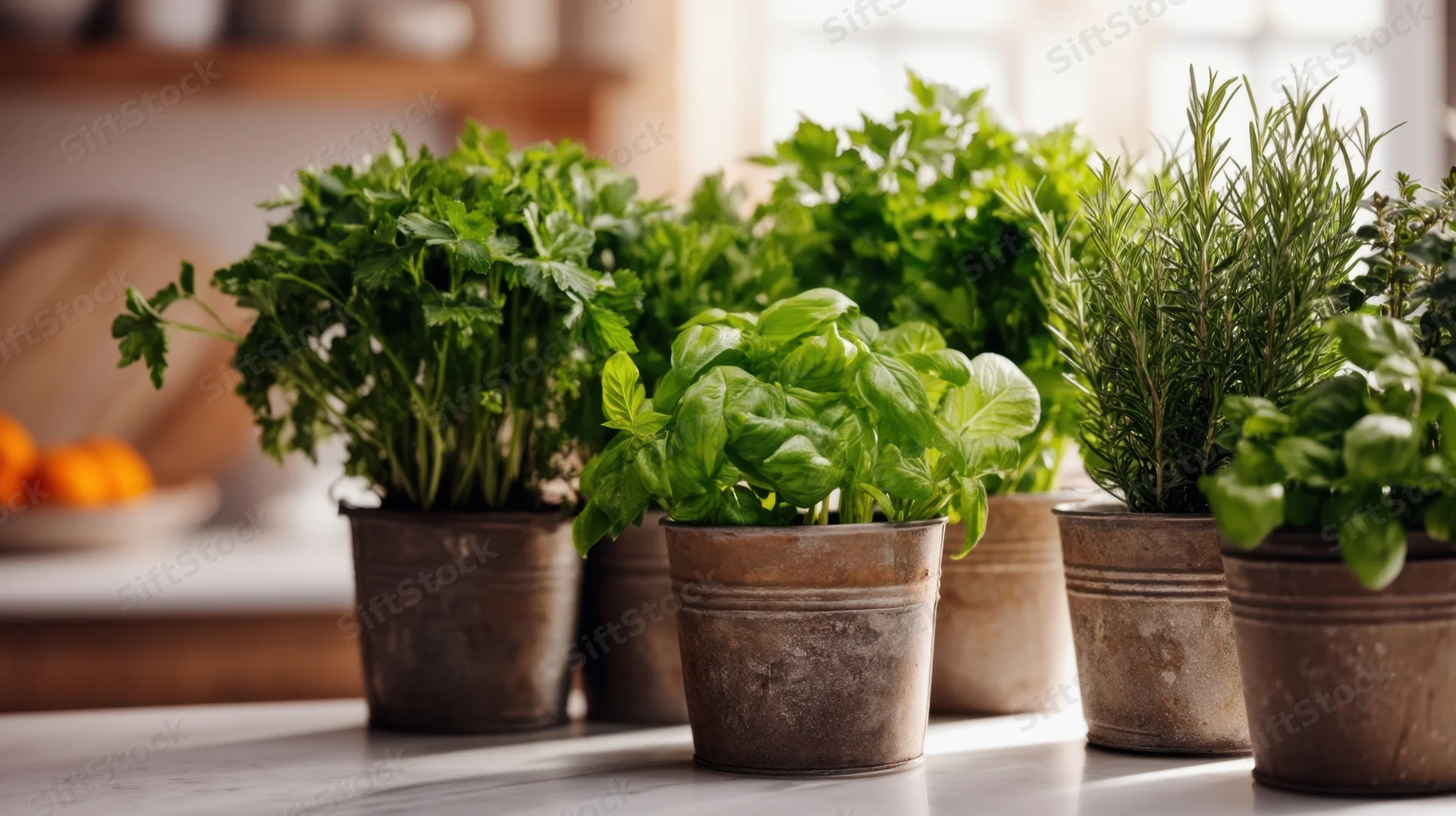 Potted herbs arranged in metal buckets on a kitchen countertop