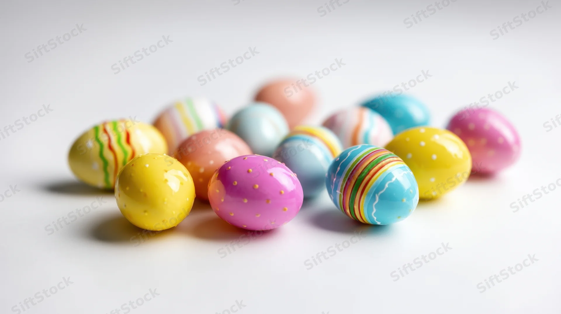 Colorful decorated easter eggs scattered on a white surface with copyspace