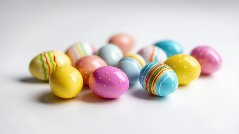 Colorful decorated easter eggs scattered on a white surface with copyspace