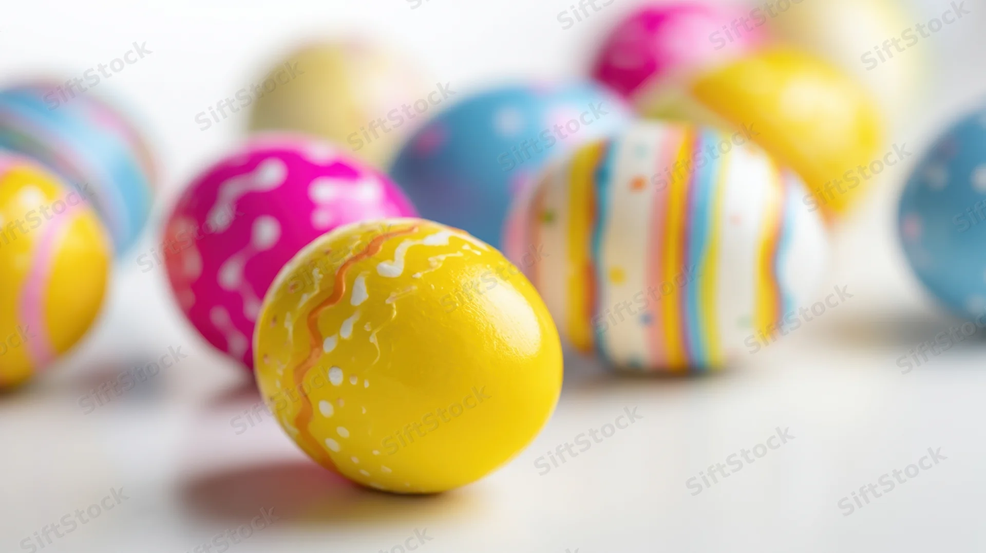 Decorated easter eggs arranged on a white surface with shallow depth of field