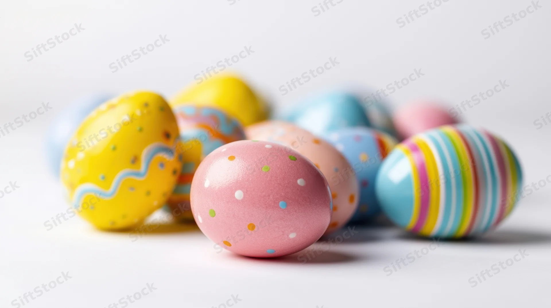 Decorated easter eggs arranged on a white surface with soft lighting and shallow depth of field
