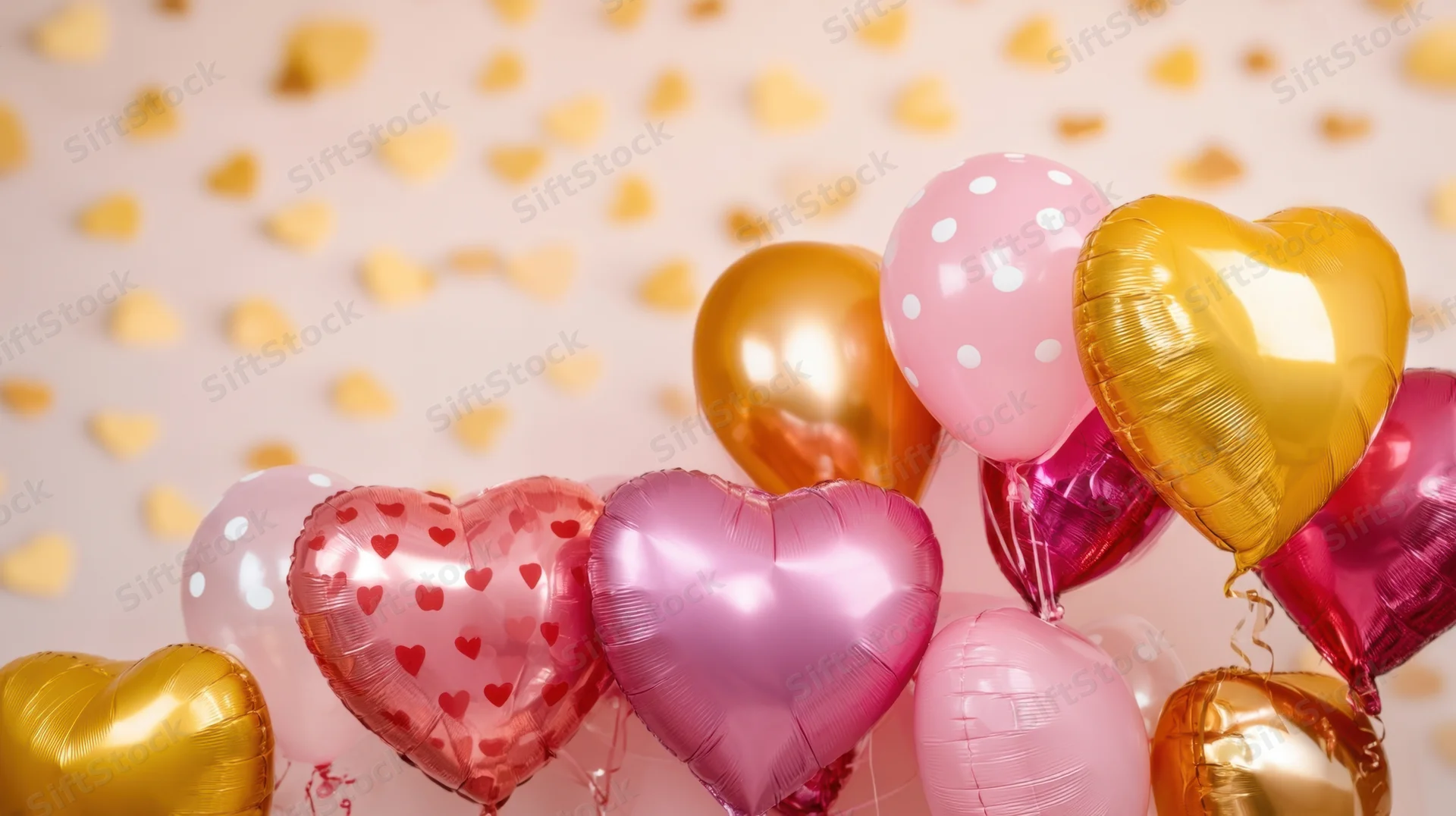 Heart-shaped balloons in pink, gold, and red arranged in a cluster with scattered golden heart confetti in the background