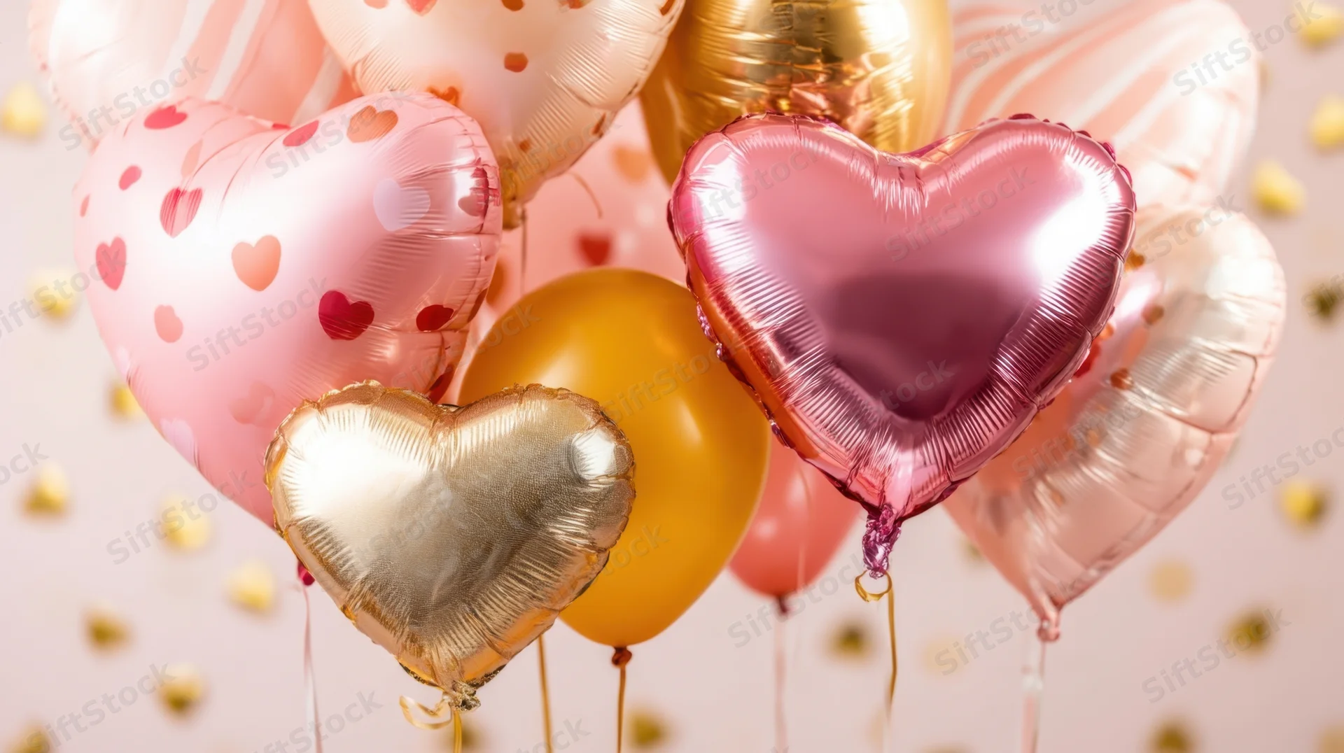 Heart-shaped balloons in pink and gold floating against a soft pink background with scattered confetti