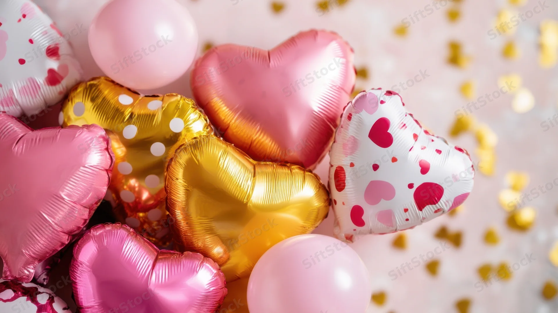 Heart-shaped balloons in pink and gold foil with confetti on a soft pink surface