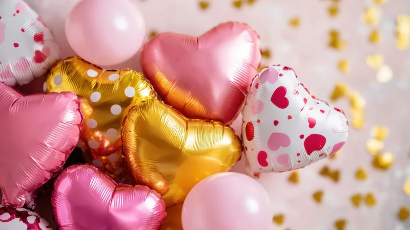 Heart-shaped balloons in pink and gold foil with confetti on a soft pink surface