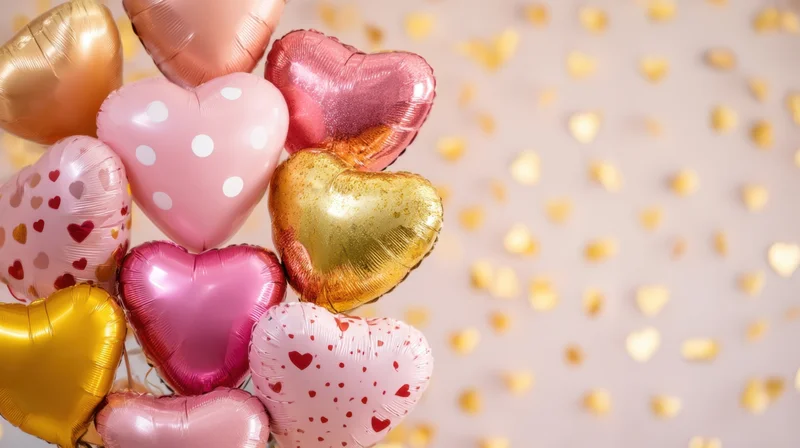 Heart-shaped balloons in pink and gold with confetti on a soft background