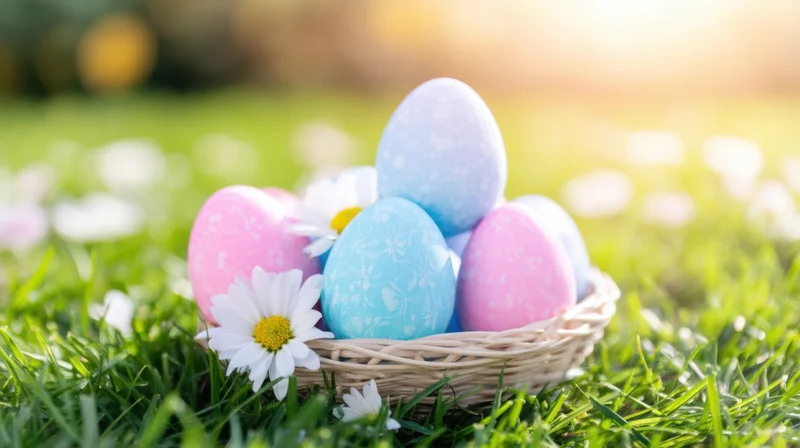 Colorful easter eggs in a woven basket on green grass with daisies and sunlight