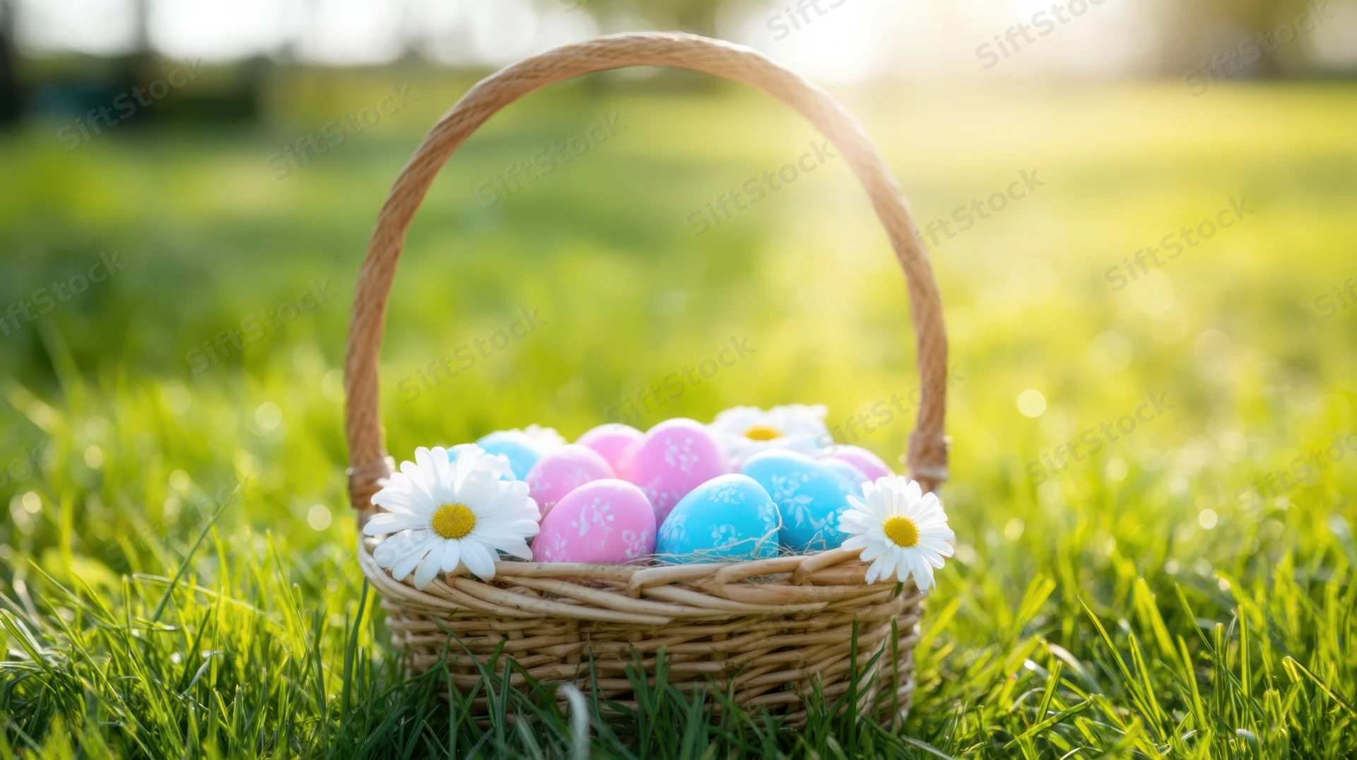 Wicker basket filled with colorful easter eggs and white daisies on green grass in spring sunlight
