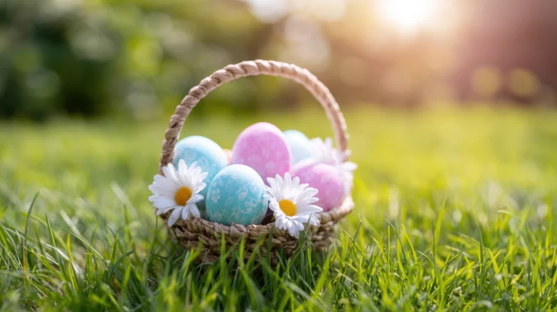 Woven basket filled with pastel painted eggs and white daisies resting on green grass in a sunlit garden
