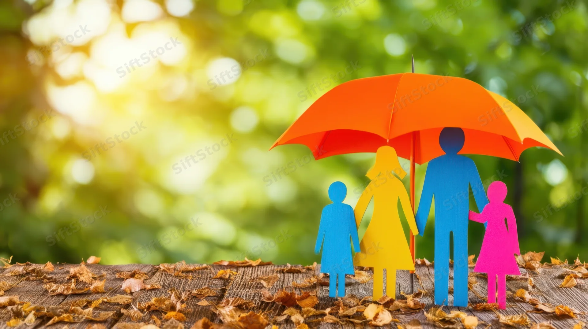 Colorful paper family cutouts under an umbrella on a wooden surface with autumn leaves and green foliage background