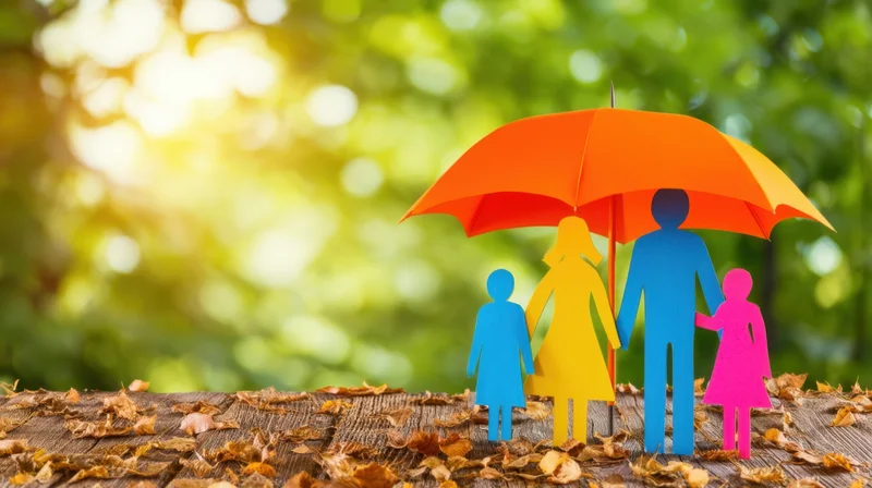 Colorful paper family cutouts under an umbrella on a wooden surface with autumn leaves and green foliage background