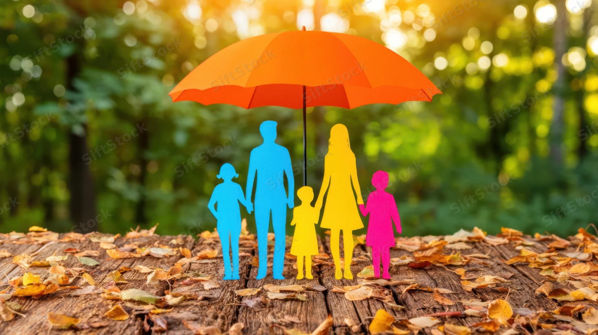 Colorful paper cutout family under orange umbrella on wooden log with autumn leaves in forest