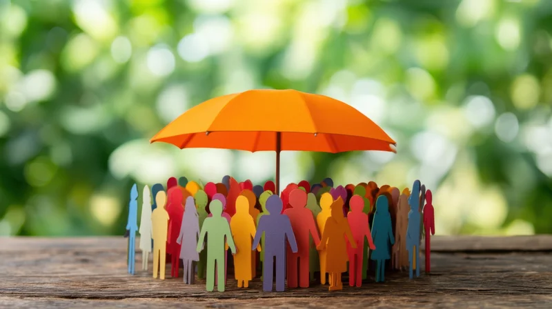 Colorful paper figures gathered under an orange umbrella on a wooden surface with green foliage background
