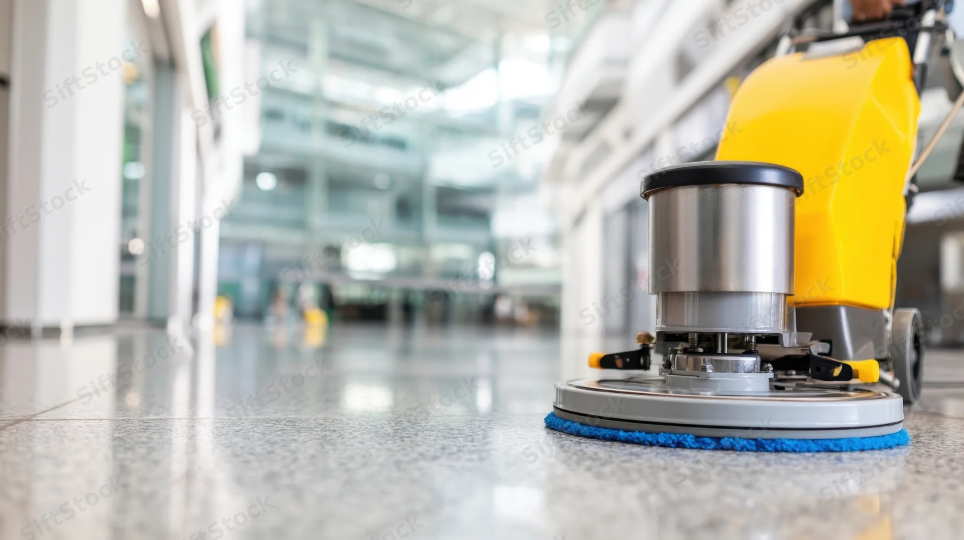Commercial floor cleaning machine polishing a reflective tile floor in a building lobby