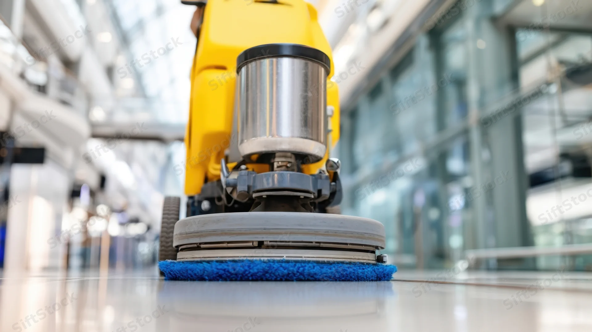 Yellow floor cleaning machine with blue pad operating on glossy tile in modern commercial building interior
