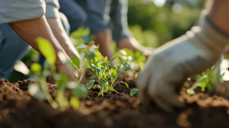 Hands planting seedlings in soil at a community garden