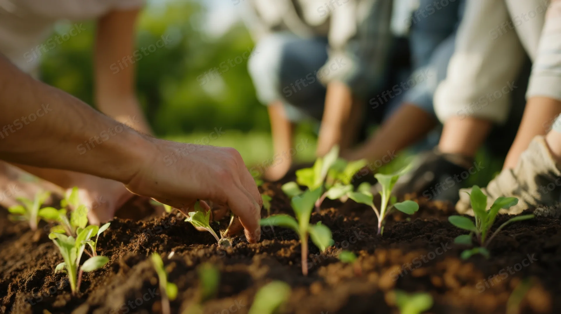 Hands planting seedlings in soil with others in a garden setting