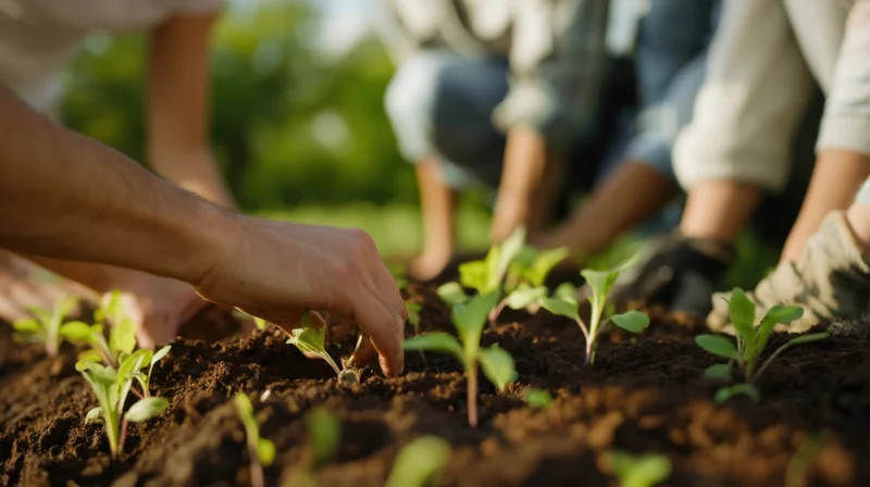 Hands planting seedlings in soil with others in a garden setting