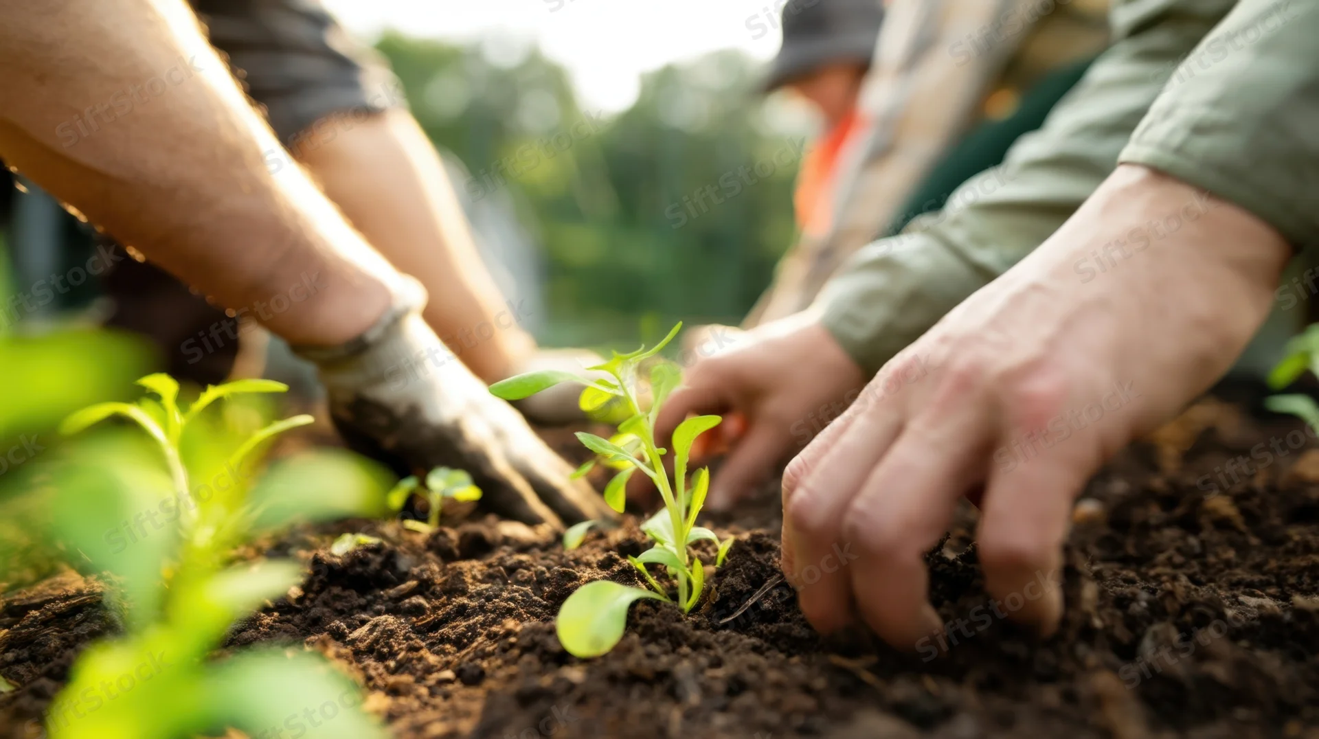 Hands planting seedlings in soil at a community garden