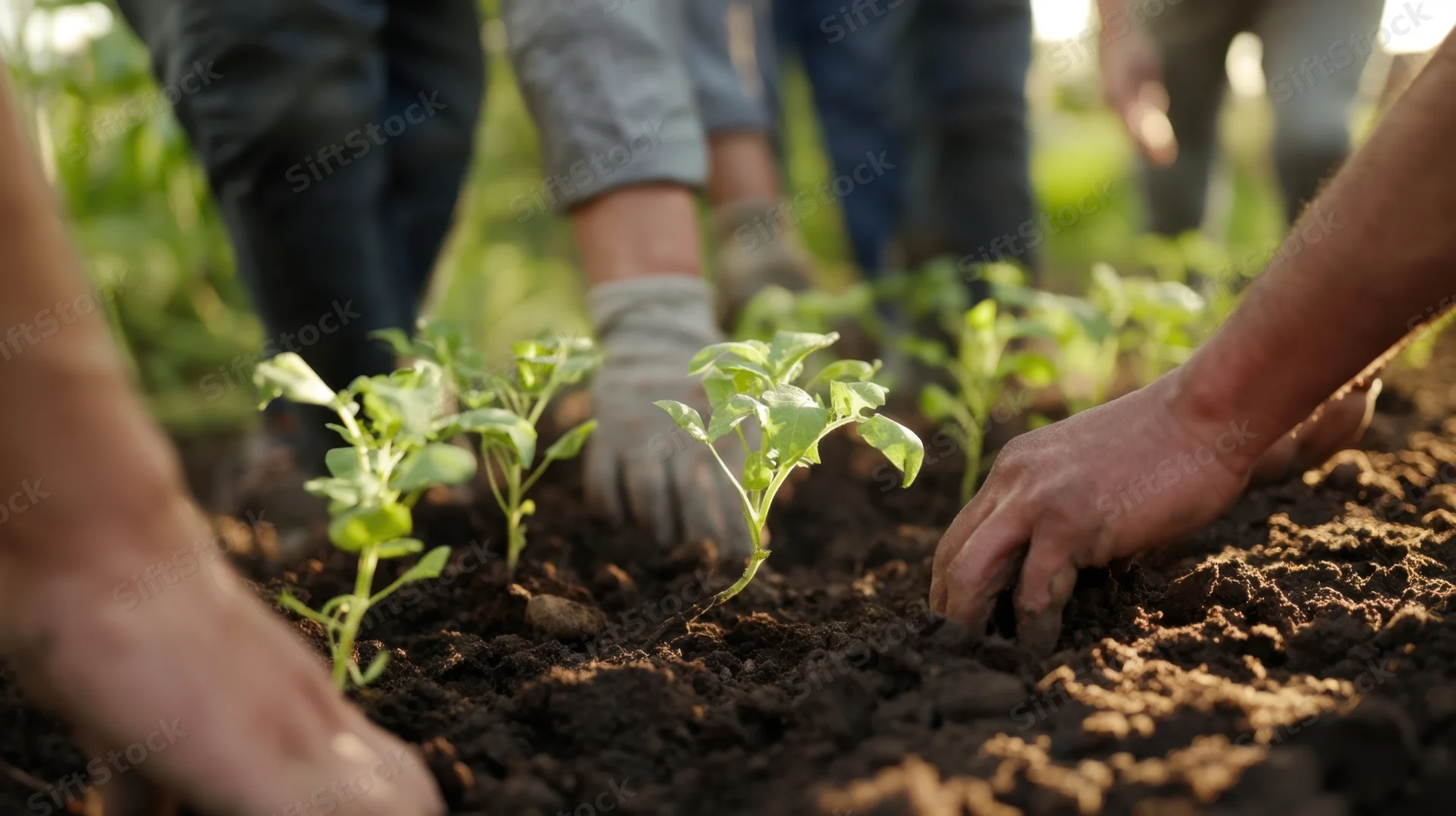 Hands planting seedlings in soil outdoors with community members working together